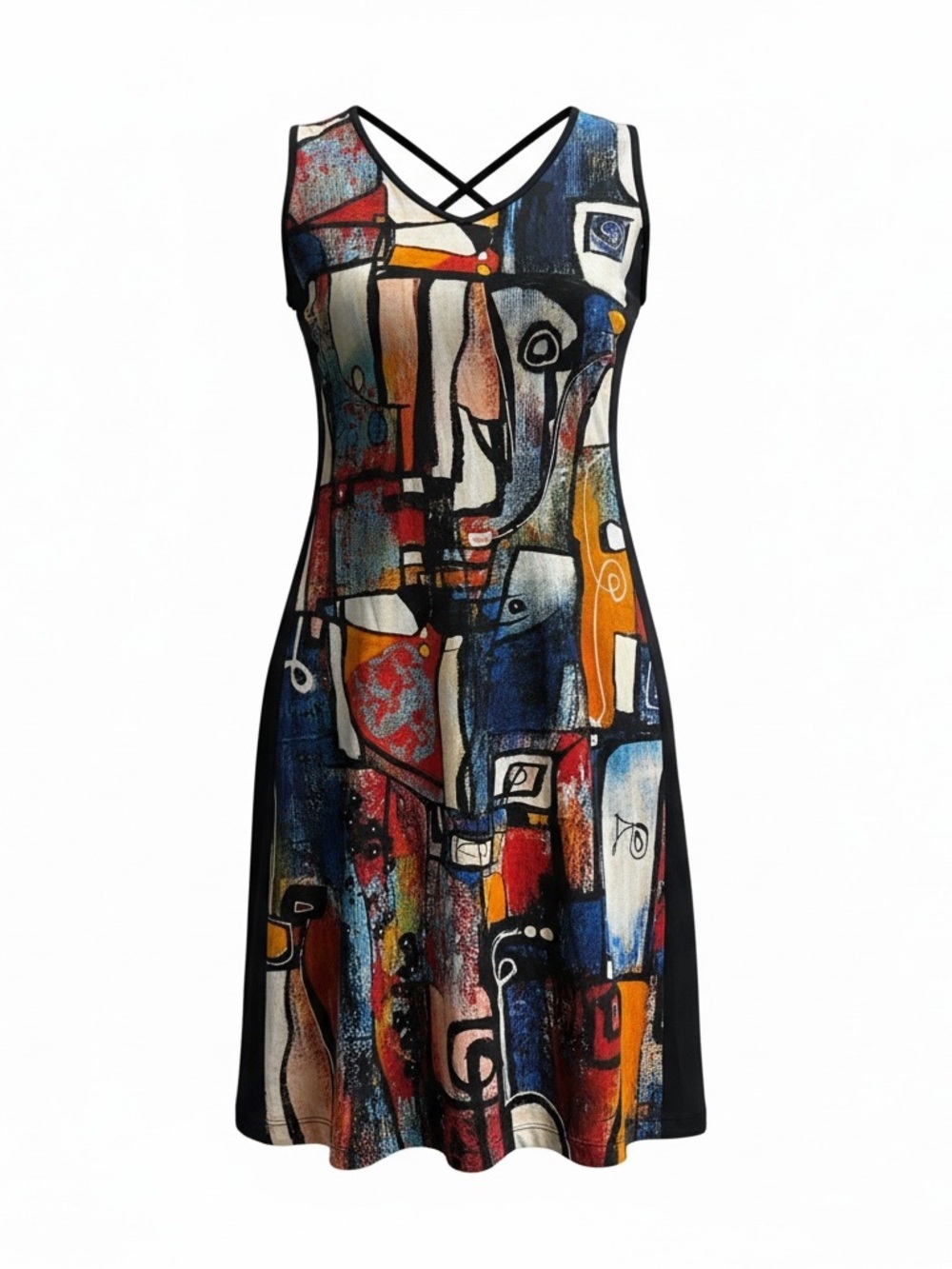 Dolcezza Abstract Art Print Dress Size L Colorful Midi Crisscross Back Stretch
